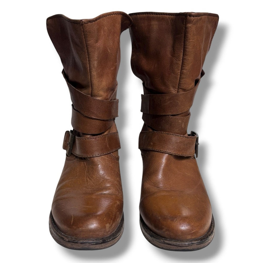 STEVE MADDEN Brewzzer Cognac Leather Belted Mid-Calf Moto Boots Size 7 - Picture 12 of 12